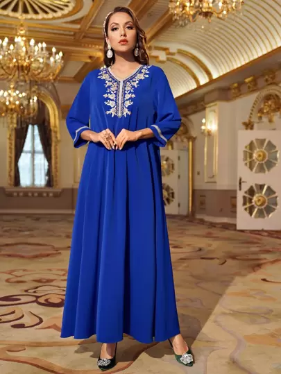 Al Najma Contrast Tape Floral Embroidered Dress