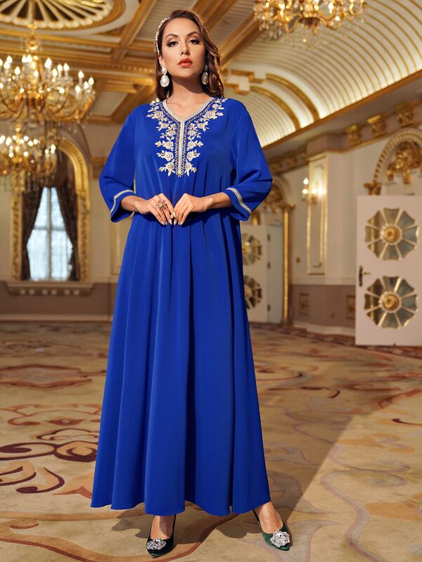 Al Najma Contrast Tape Floral Embroidered Dress