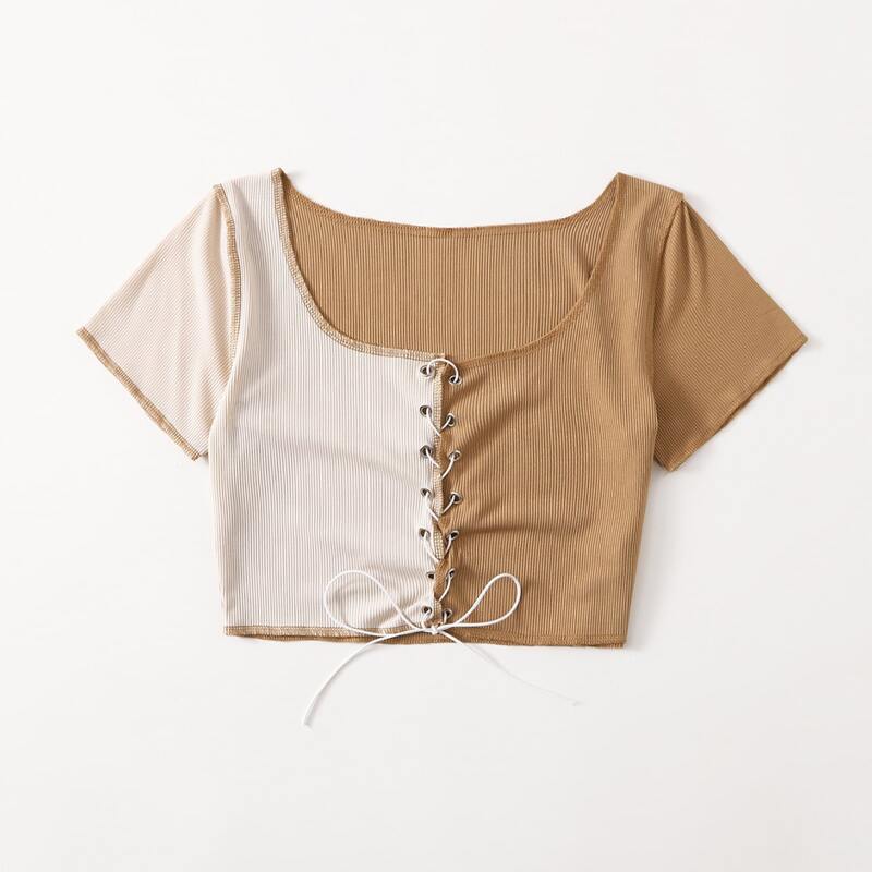 

Stitching Lace Up Ribbed Crop Top, Multicolor