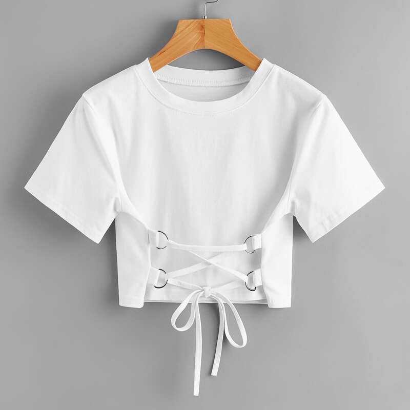

Solid Lace Up Crop Tee, White
