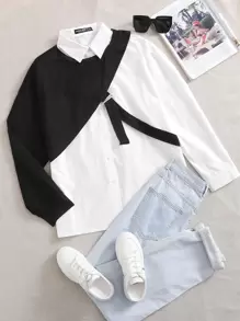 Camisa con botón con sudadera asimétrica de hombros caídos - Blanco y Negro - Ver 1