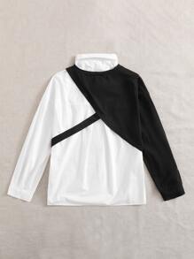 Camisa con botón con sudadera asimétrica de hombros caídos - Blanco y Negro - Ver 2