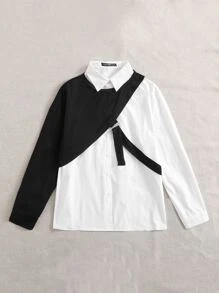 Camisa con botón con sudadera asimétrica de hombros caídos - Blanco y Negro - Ver 5