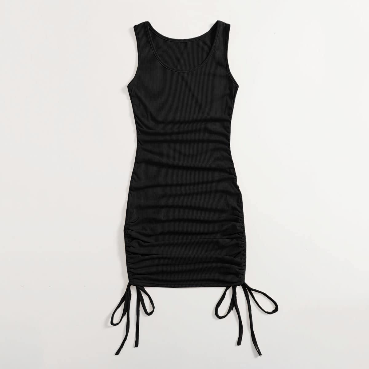 

Solid Drawstring Side Ribbed Dress, Black