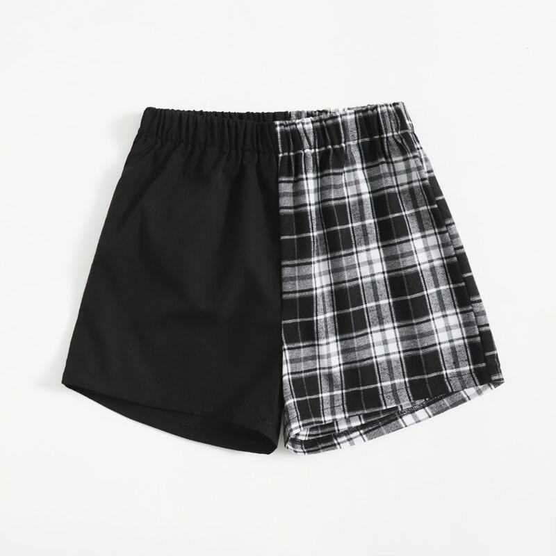 

Contrast Plaid Shorts, Black and white