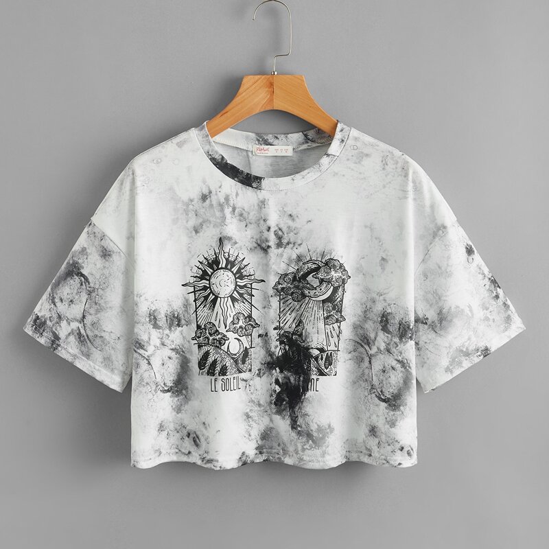 

Letter Sun & Moon Graphic Tie Dye Crop Tee, Black and white
