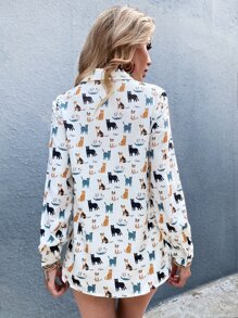 SHEIN LUNE Cartoon Cat Print Button Up Shirt - Multicolor - View 2