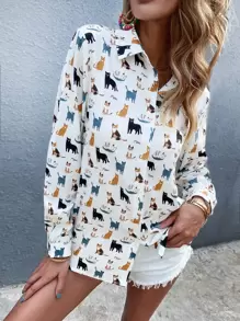 SHEIN LUNE Cartoon Cat Print Button Up Shirt - Multicolor - View 5