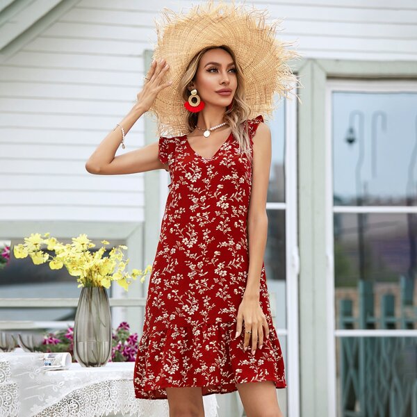

Floral Ruffle Hem Tunic Dress, Red