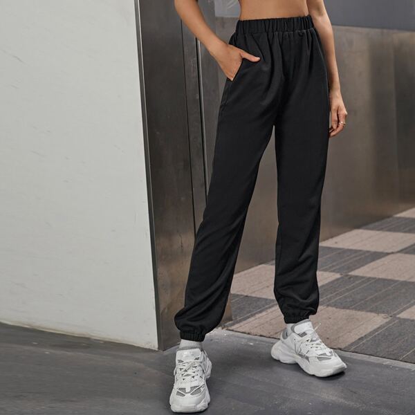 

Elastic Waist Slant Pocket Solid Joggers, Black