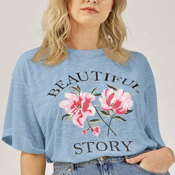 

Plus Floral & Letter Graphic Tee, Baby blue