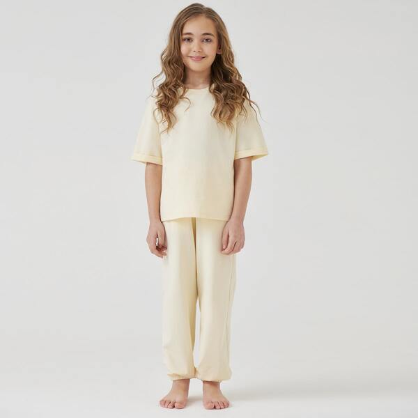 

Girls Solid Drop Shoulder Tee & Joggers Set, Beige