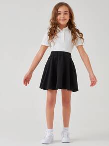 SHEIN Tween Girl Solid Elastic Waist Skirt - Black - View 1