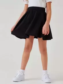 SHEIN Tween Girl Solid Elastic Waist Skirt - Black - View 4