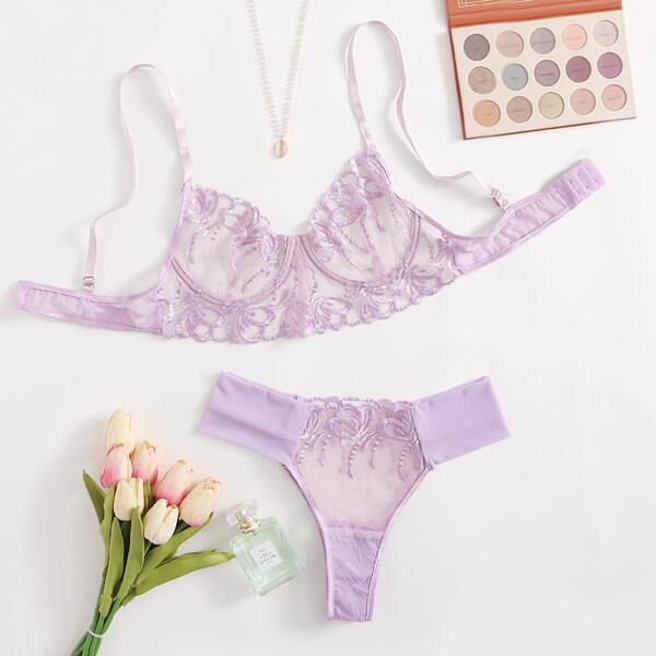 

Floral Embroidery Mesh Underwire Lingerie Set, Lilac purple