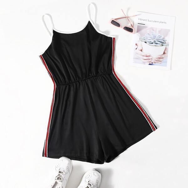 

Plus Side Stripe Cami Romper, Black