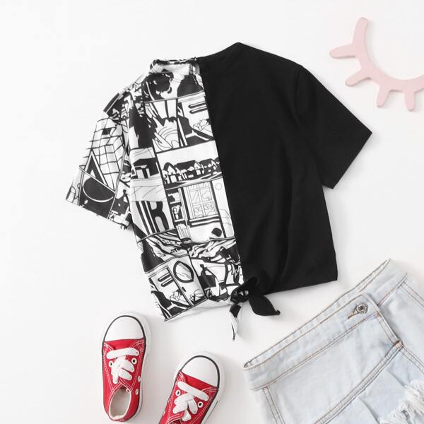 

Girls Picture Print Knot Front Tee, Black and white