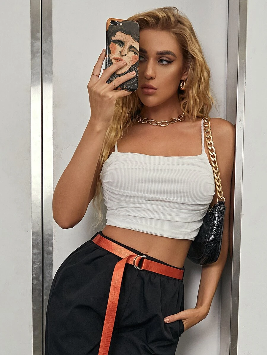 SHEIN Unity 側抽褶短版吊帶上衣 - 白色 - 查看 1