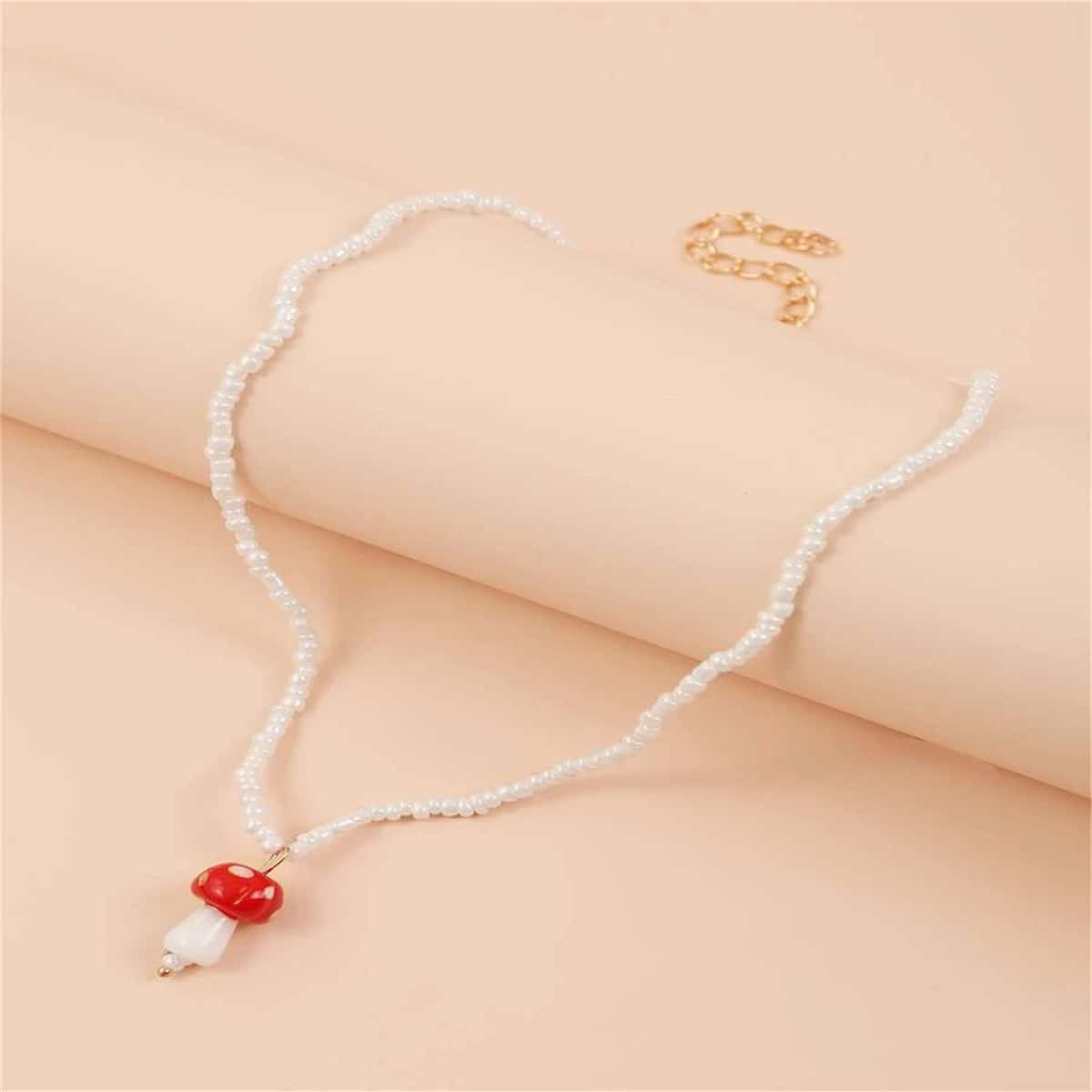 

Mushroom Charm Beaded Necklace, White