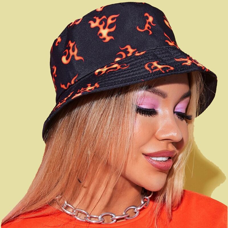 

Flame Print Bucket Hat, Black