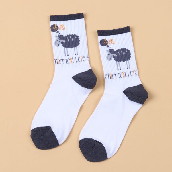 

Cartoon Animal Pattern Crew Socks, White