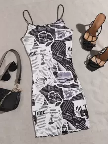 SHEIN Newspaper Print Lettuce Trim Bodycon Dress - Black and White - View 1