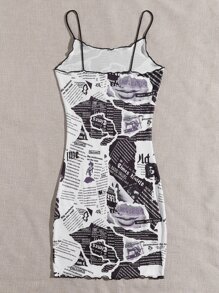 SHEIN Newspaper Print Lettuce Trim Bodycon Dress - Black and White - View 2