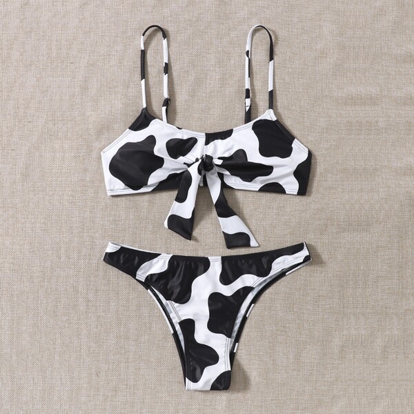 

Cow Print Knot Front Bikini Swimsuit, Black and white