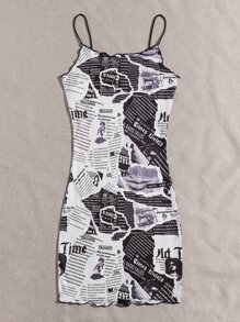 SHEIN Newspaper Print Lettuce Trim Bodycon Dress - Black and White - View 3