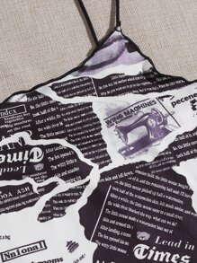 SHEIN Newspaper Print Lettuce Trim Bodycon Dress - Black and White - View 4