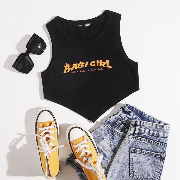 

Letter Graphic Asymmetrical Hem Tank Top, Black
