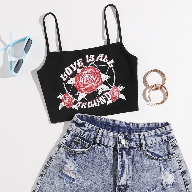 

Letter & Floral Print Cami Top, Black
