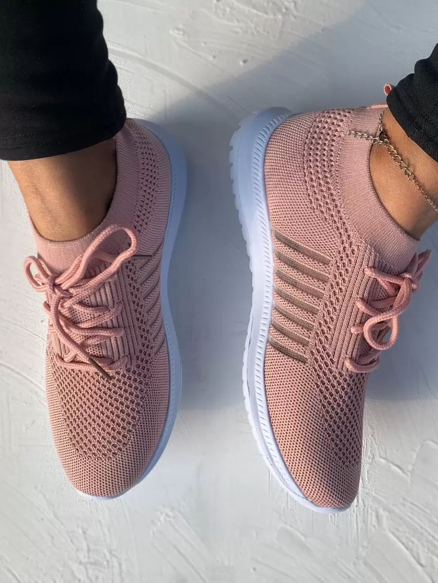 繫帶裝飾針織運動鞋，淺粉色運動繫帶單色跑鞋 - 藕粉色 - 查看 1