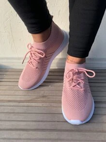 繫帶裝飾針織運動鞋，淺粉色運動繫帶單色跑鞋 - 藕粉色 - 查看 2