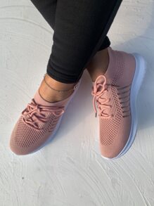 繫帶裝飾針織運動鞋，淺粉色運動繫帶單色跑鞋 - 藕粉色 - 查看 3