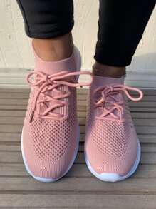 繫帶裝飾針織運動鞋，淺粉色運動繫帶單色跑鞋 - 藕粉色 - 查看 4
