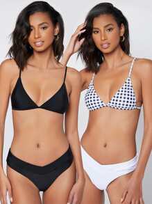 SHEIN 2 Packs Gingham Triangle Bikini Top - Black and White - View 1