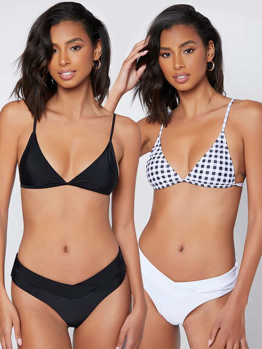 SHEIN 2 Packs Gingham Triangle Bikini Top - Black and White - View 1