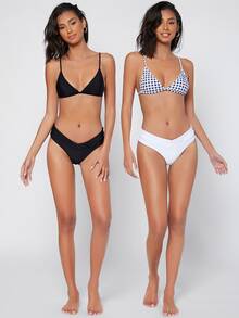 SHEIN 2 Packs Gingham Triangle Bikini Top - Black and White - View 6