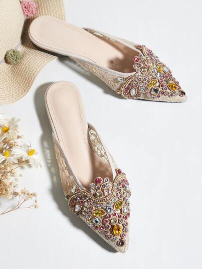 Fall/Winter Ladies' Party Flat Shoes Rhinestone Decoration Mules Valentines