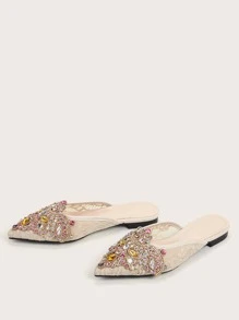 Fall/Winter Ladies' Party Flat Shoes Rhinestone Decoration Mules Valentines - Beige - View 2