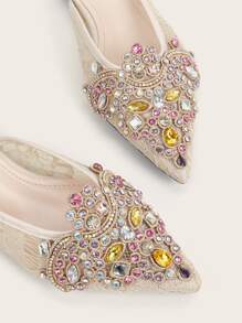 Fall/Winter Ladies' Party Flat Shoes Rhinestone Decoration Mules Valentines - Beige - View 4