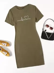 SHEIN EZwear Plus Heart Print Bodycon Dress - Army Green - View 1