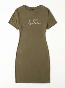 SHEIN EZwear Plus Heart Print Bodycon Dress - Army Green - View 3