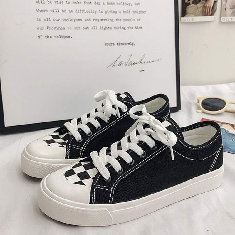 

Checkered Lace-up Canvas Sneakers, Black