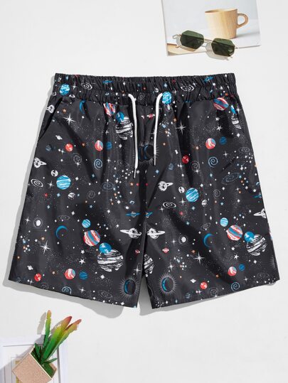Guys Planets Print Drawstring Shorts 5''