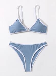 Contrast Binding Bikini Set For Summer Beach Vocation - Blue - View 1