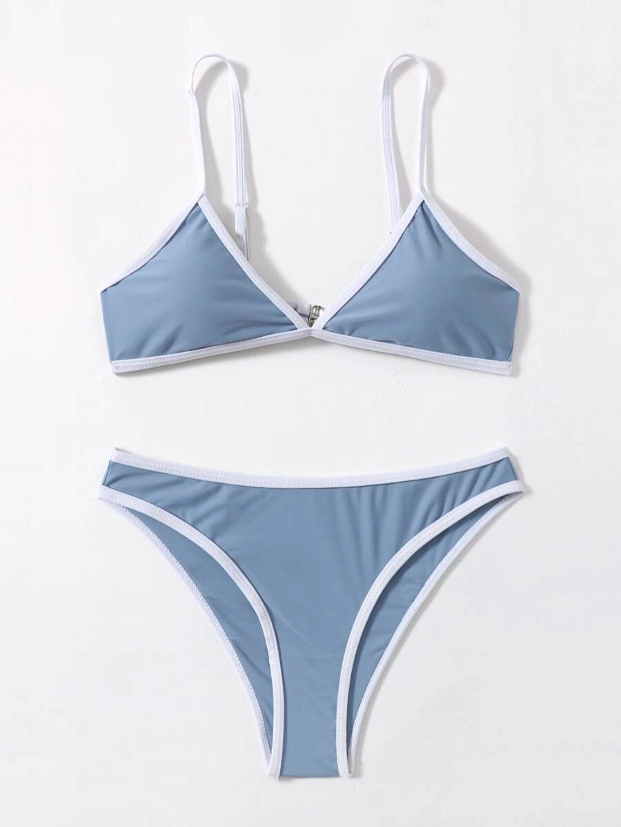 Contrast Binding Bikini Set For Summer Beach Vocation - Blue - View 1