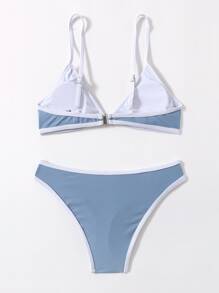 Contrast Binding Bikini Set For Summer Beach Vocation - Blue - View 2