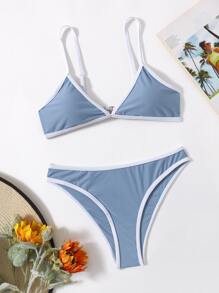 Contrast Binding Bikini Set For Summer Beach Vocation - Blue - View 3